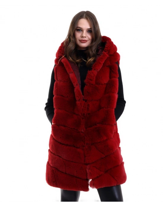 Kapşonlu Peluş Kürk Yelek Premium Kalite, Tam Astarlı, Uzun Model - Kırmızı