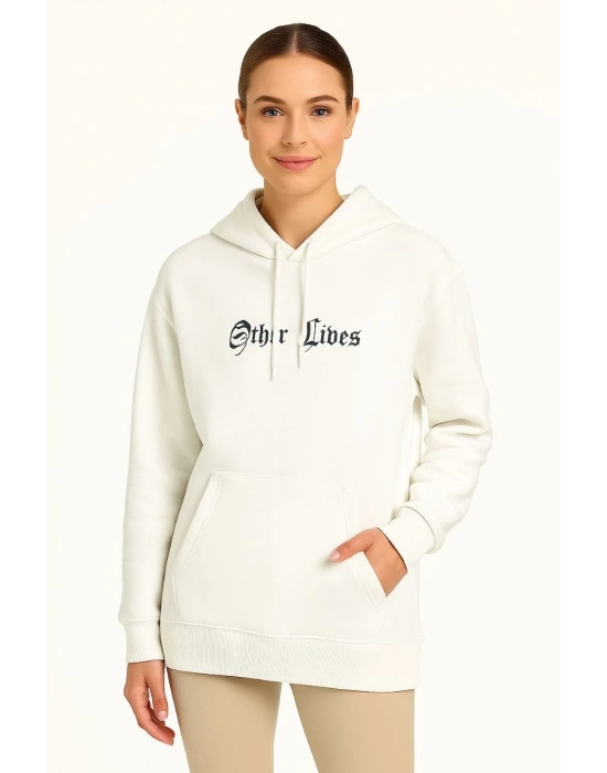 Kapşonlu Sweatshirt – Oversize Üç İplik Şardonlu Hoodie, “Other Lives” Ön  Arka Baskılı, Kanguru Cepli, Kışlık Rahat Günlük Stil - Beyaz -