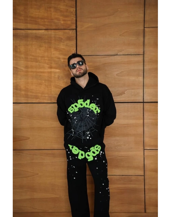 Kapüşonlu Eşofman Takım Örümcek Ağı ve Neon Yeşil Baskılı Kanguru cepli Oversize Rahat Kalıp, Premium Üç İplik Kumaş - Siyah -