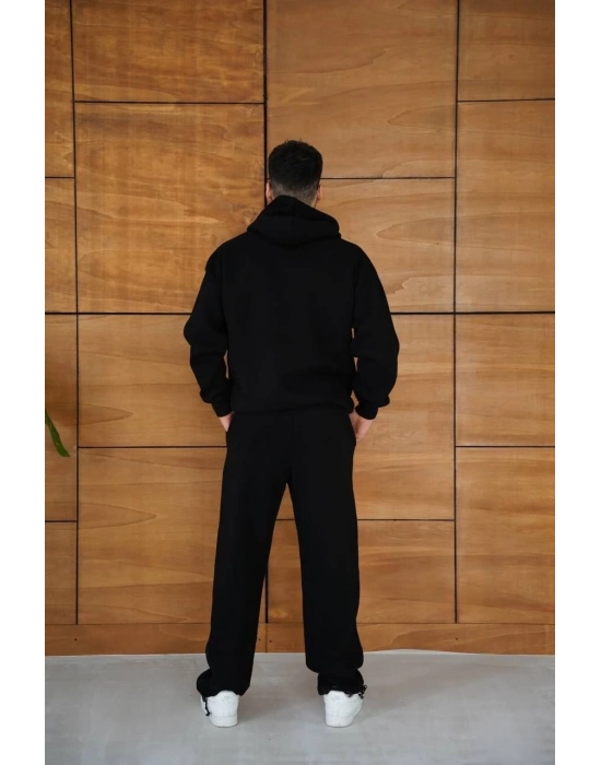 Kapüşonlu Eşofman Takım Örümcek Ağı ve Neon Yeşil Baskılı Kanguru cepli Oversize Rahat Kalıp, Premium Üç İplik Kumaş - Siyah -