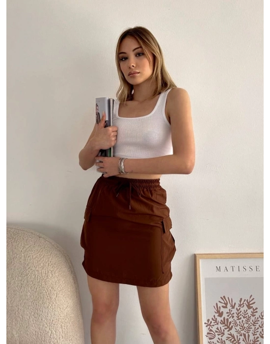 Kargo cep ince paraşüt etek kahve s241019