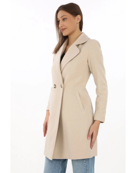 Kaşe Kaban – Siyah Yünlü Dokuma, Kruvaze Yaka, Astarlı, Cepli, Kuşaklı Uzun Boy Tesettür Uyumlu Kışlık Şık Kaban - Bej