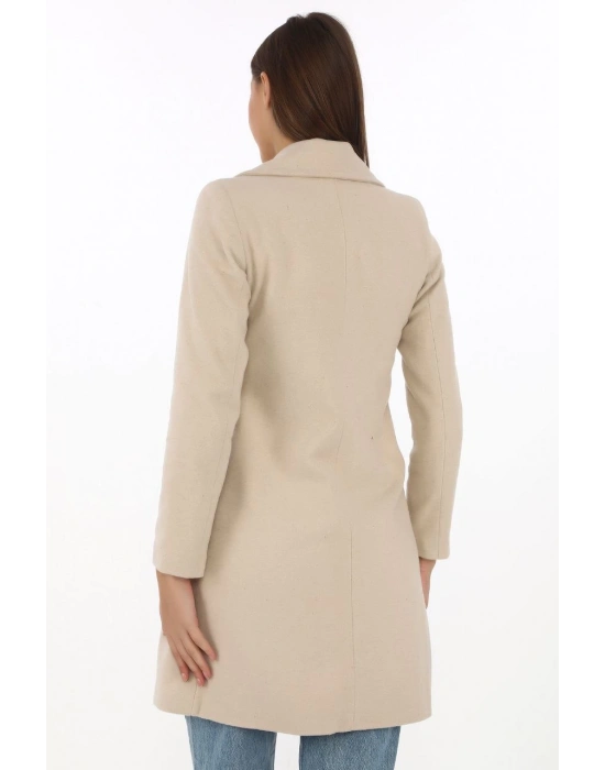 Kaşe Kaban – Siyah Yünlü Dokuma, Kruvaze Yaka, Astarlı, Cepli, Kuşaklı Uzun Boy Tesettür Uyumlu Kışlık Şık Kaban - Bej