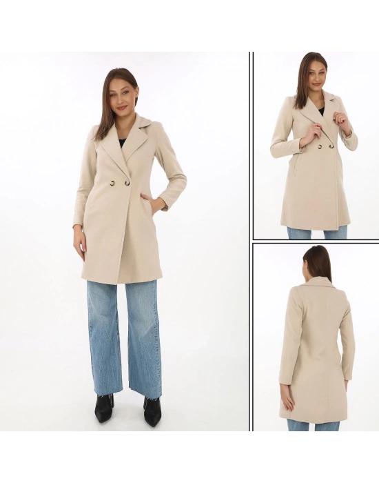 Kaşe Kaban – Siyah Yünlü Dokuma, Kruvaze Yaka, Astarlı, Cepli, Kuşaklı Uzun Boy Tesettür Uyumlu Kışlık Şık Kaban - Bej