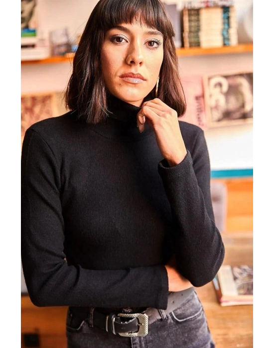 Kaşkorse Boğazlı Full Likralı Fitilli Body Kazak - Siyah