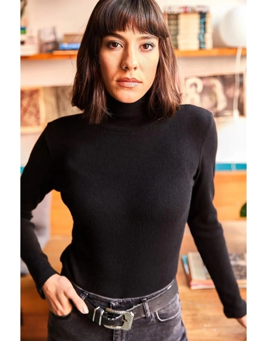 Kaşkorse Boğazlı Full Likralı Fitilli Body Kazak - Siyah