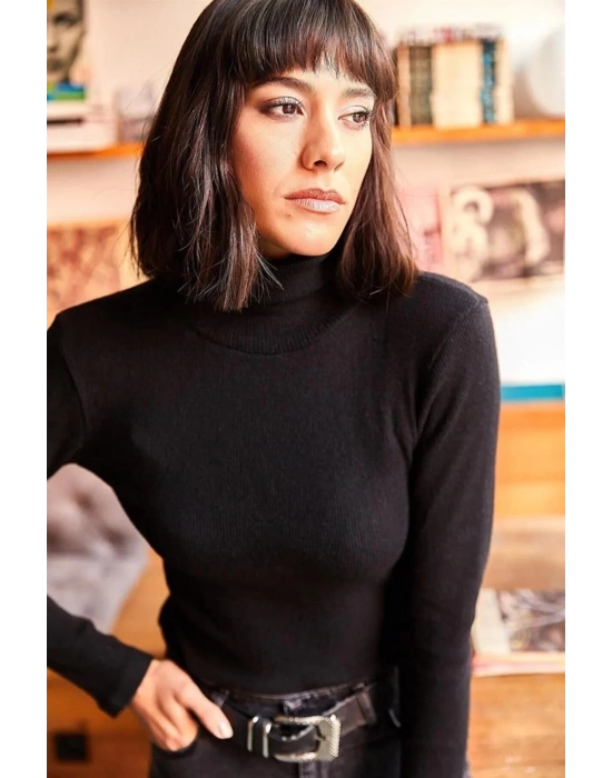 Kaşkorse Boğazlı Full Likralı Fitilli Body Kazak - Siyah