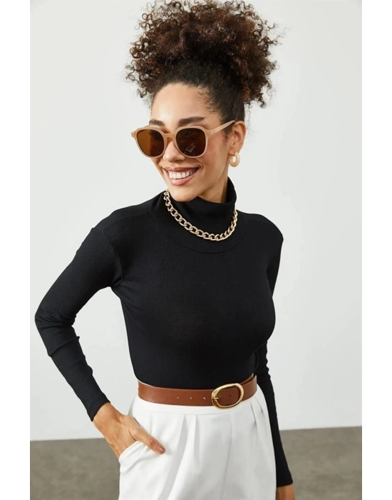 Kaşkorse Boğazlı Full Likralı Fitilli Body Kazak - Siyah