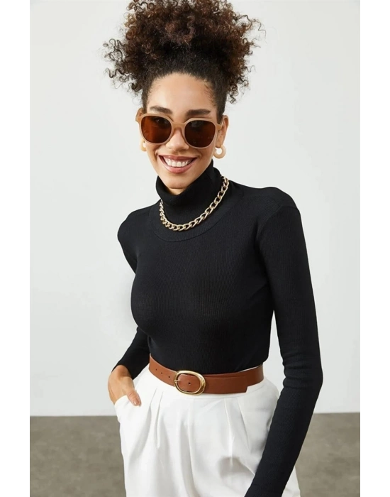 Kaşkorse Boğazlı Full Likralı Fitilli Body Kazak - Siyah