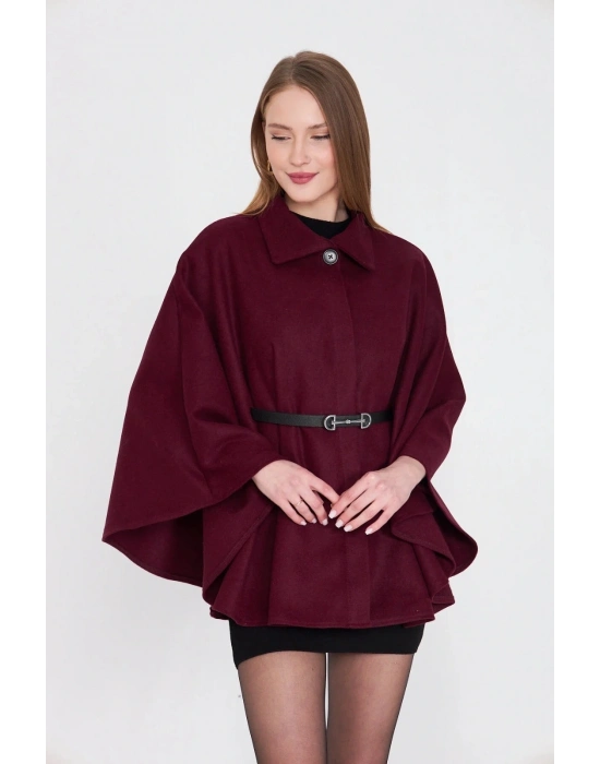 Kemerli kaşe panço bordo pt