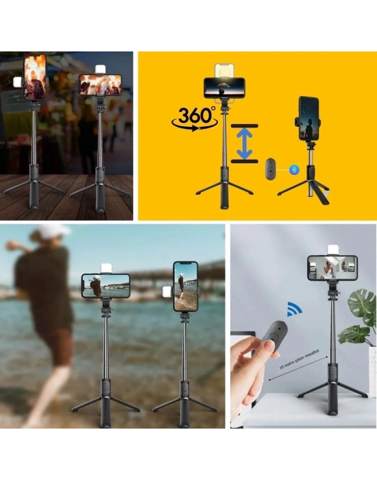 ÇOK SATAN Kendiliğinden Işıklı Masaüstü Tripod Olabilen Telefon Tutuculu Kablosuz Kumandalı Selfie Çubuğu