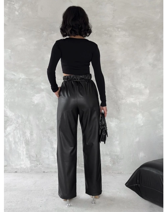 Kendinden ince kemerli deri pantolon siyah t1178