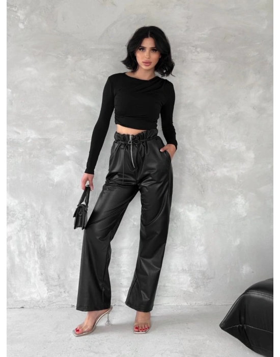 Kendinden ince kemerli deri pantolon siyah t1178
