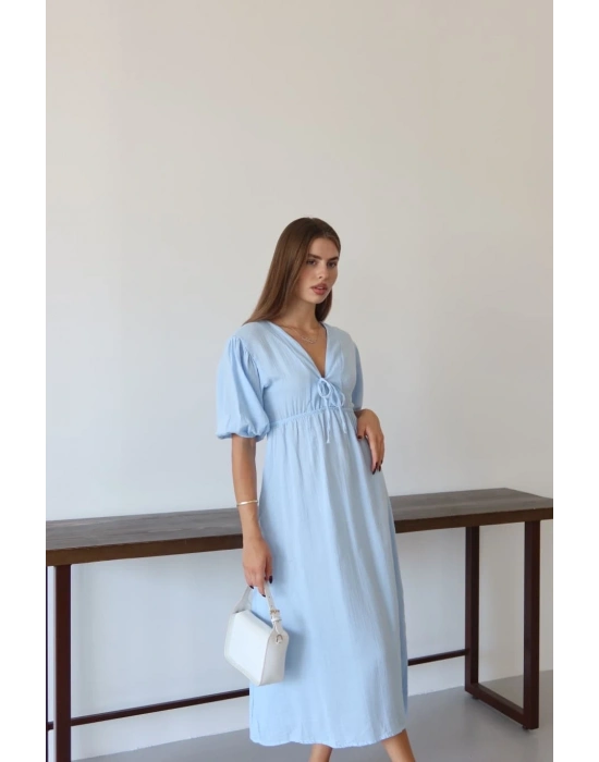 Kısa kollu müslin elbise mavi pt