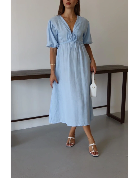 Kısa kollu müslin elbise mavi pt