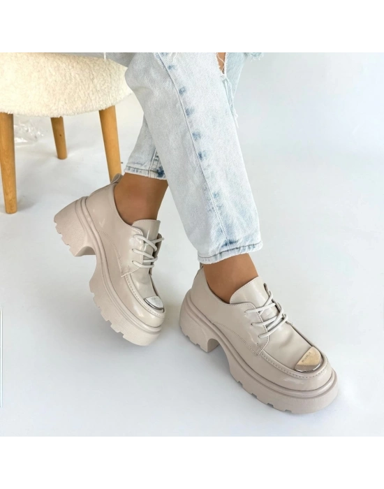 Kiya Bej Rugan Dolgu Topuk Oxford Ayakkabı