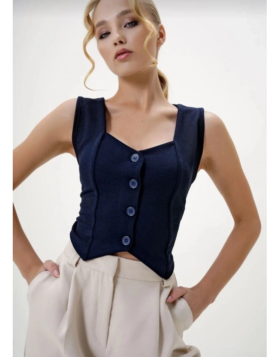 Krep kumaş düğmeli yelek lacivert s3395