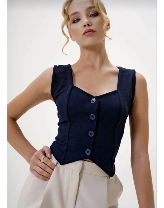 Krep kumaş düğmeli yelek lacivert s3395