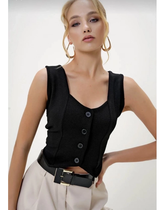 Krep kumaş düğmeli yelek siyah s3395