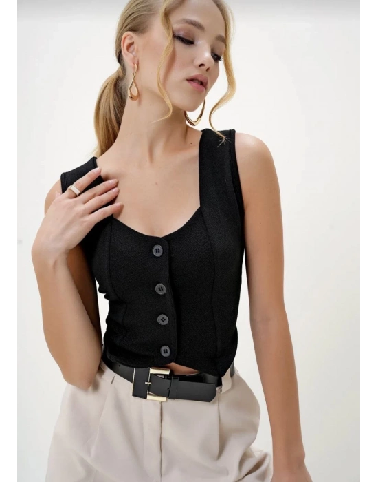 Krep kumaş düğmeli yelek siyah s3395