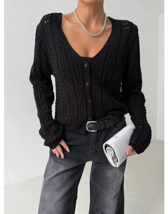 Küçük düğmeli küçük örgülü triko hırka siyah