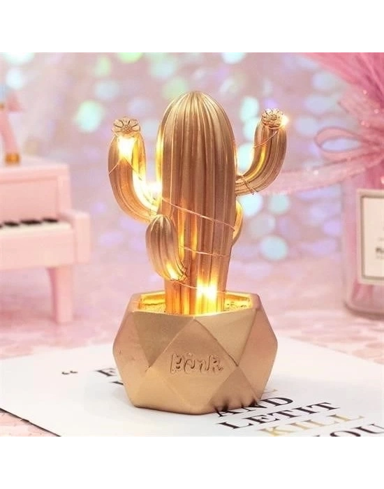 ÇOK SATAN Led Işıklı Sevimli Kaktüs Dekoratif Masa Lambası Mini Biblo Gece Lambası-GOLD