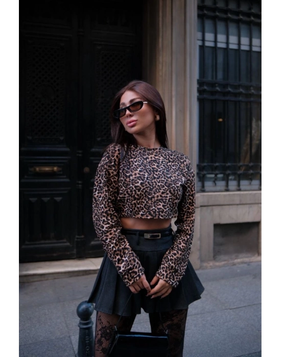 Leopar desenli Uzun Kollu Crop - Leopar