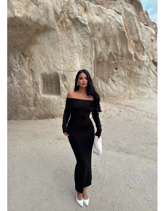 Madonna yaka esnek kumaş elbise siyah