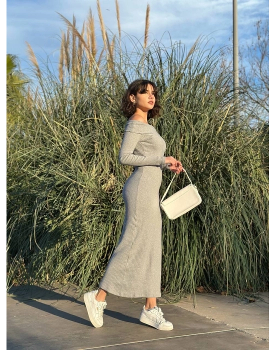 Madonna yaka uzun elbise şardonlu kumaş gri w3753