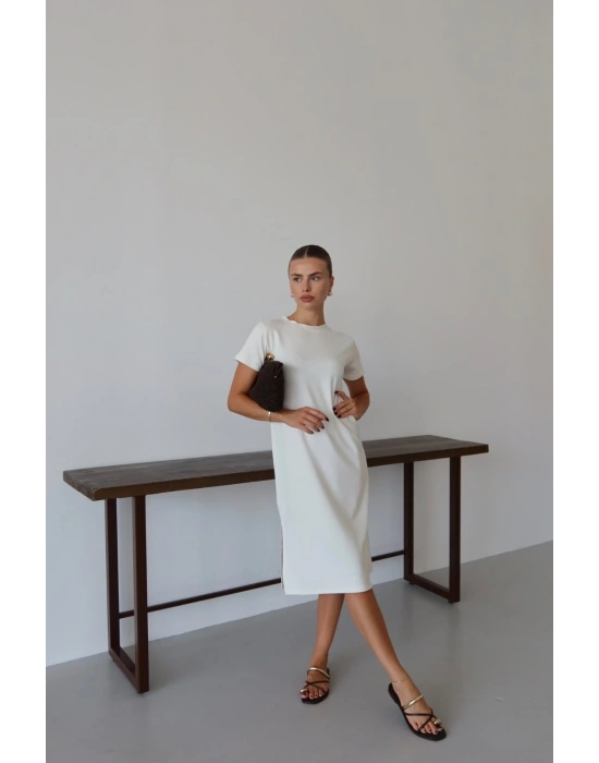 Modal yırtmaçlı elbise beyaz pt