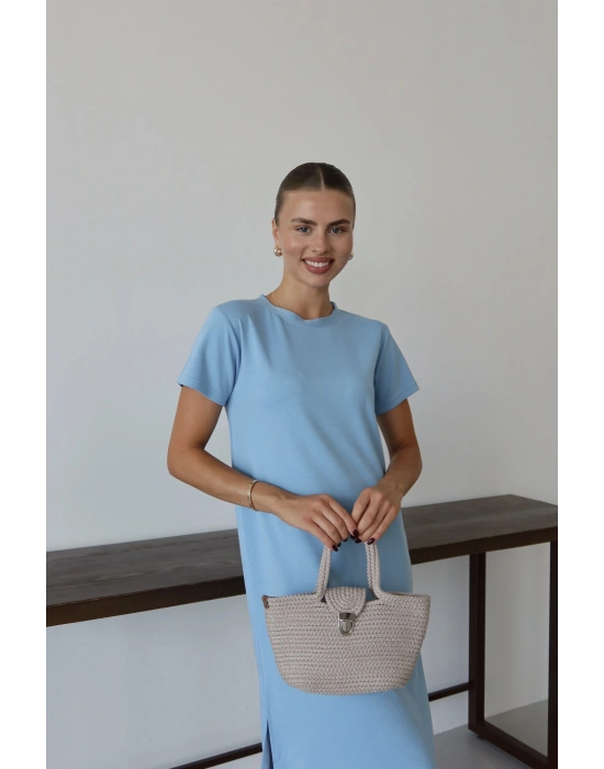 Modal yırtmaçlı elbise mavi pt