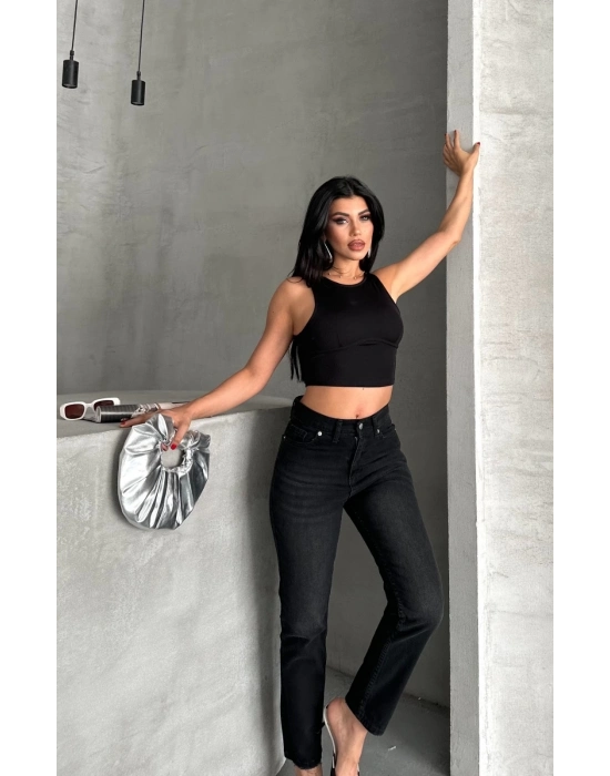 Mom fit enzim bıyıklı taş yıkama jeans pantolon siyah d2006