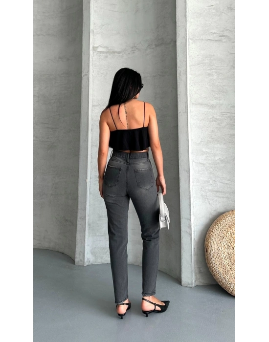 Mom fit enzim taş yıkama jeans pantolon füme d2006