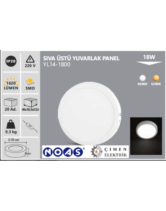 ÇOK SATAN NOAS YL14 1800 Sıva Üstü 18W Led Spot 6500K Beyaz