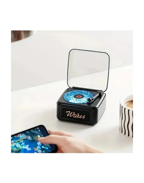 ÇOK SATAN Nostalji Mini Plak Görünümlü Radyolu Bluetooth Hoparlör 3d Ses Dalgası Retro Müzik Plak Siyah