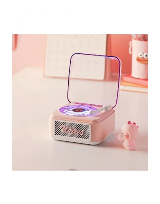 ÇOK SATAN Nostalji Mini Plak Görünümlü Radyolu Bluetooth Hoparlör 3d Ses Dalgası Retro Müzik Plak Pembe