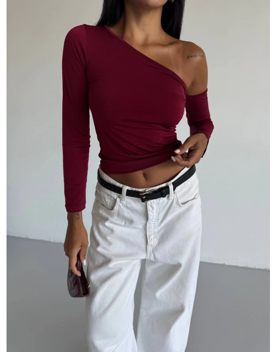 Omuz detaylı kollu bluz bordo f2336