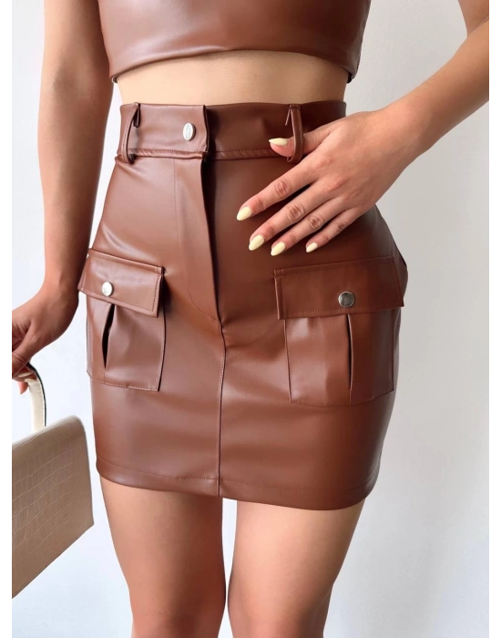 Önden iki cepli deri etek kahve h240040