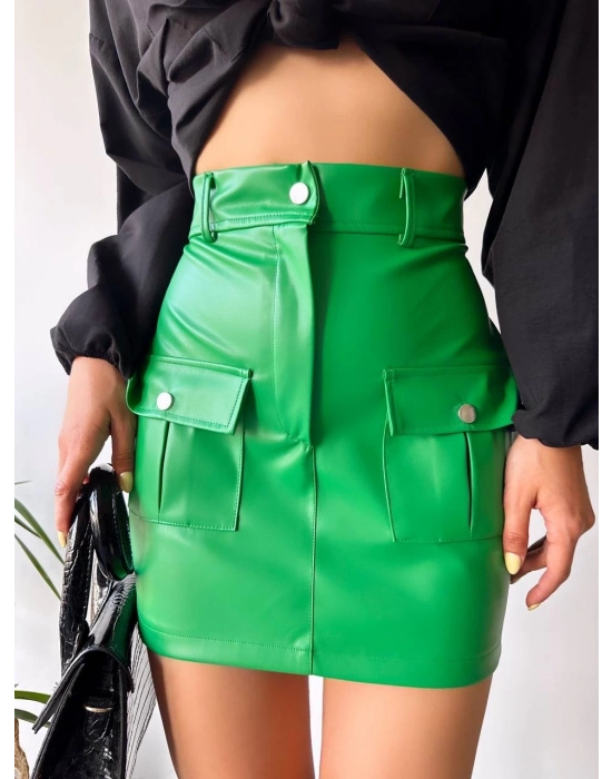Önden iki cepli deri etek yeşil h240040