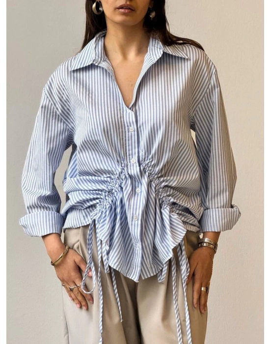 Önü büzgü detaylı çizgili gömlek