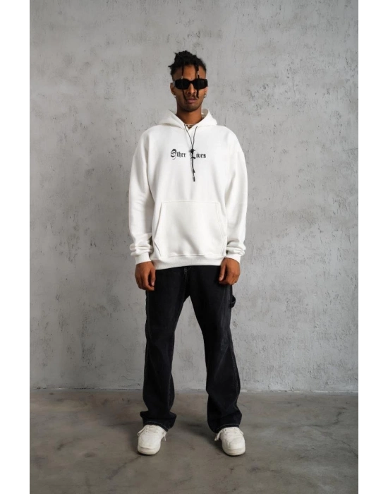 Oversize Kapüşonlu Sweatshirt – Beyaz “Other Lives” Ön ve Arka Baskılı Beyaz -