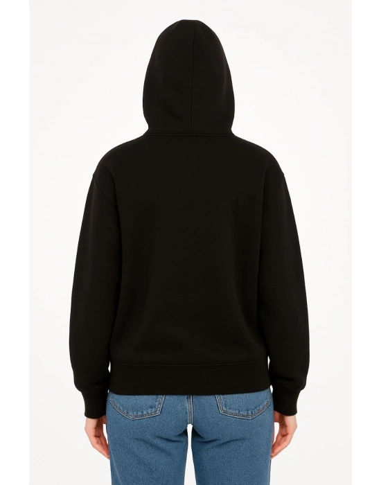 Oversize Kapüşonlu Sweatshirt  Hoodie 3 İplik Şardonlu Pamuklu Kumaş, Önü Baskılı, Fermuarlı Rahat Kalıp, Kışlık ve Sokak Stili Sweat - Siyah
