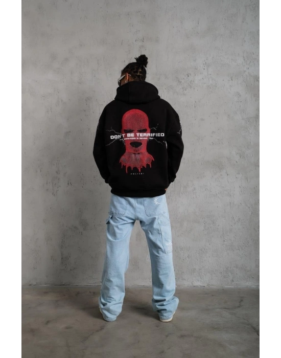 Oversize Üç İplik Kapüşonlu Sweatshirt – Siyah “Don’t Be Terrified” Ön, Sırt ve Kol Baskılı, Kanguru Cepli, Ribanalı Rahat Model- Siyah -