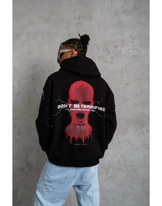 Oversize Üç İplik Kapüşonlu Sweatshirt – Siyah “Don’t Be Terrified” Ön, Sırt ve Kol Baskılı, Kanguru Cepli, Ribanalı Rahat Model- Siyah -