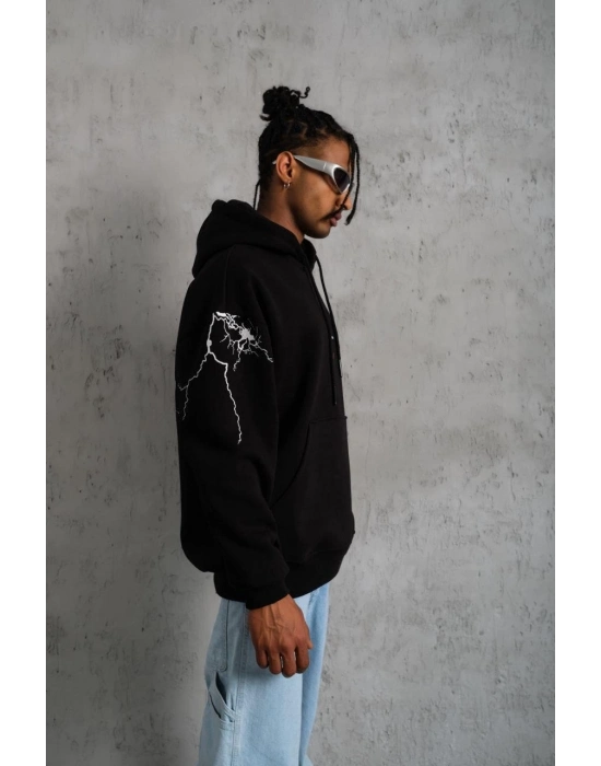 Oversize Üç İplik Kapüşonlu Sweatshirt – Siyah “Don’t Be Terrified” Ön, Sırt ve Kol Baskılı, Kanguru Cepli, Ribanalı Rahat Model- Siyah -