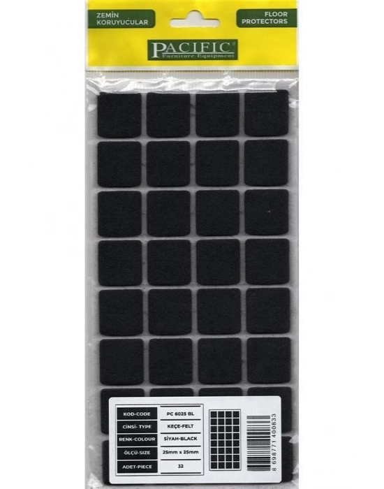 ® Pacific 6025 BL Yapışkanlı Keçe 25 mm X 25 mm Siyah