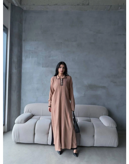 Pantolon yırtmaçlı elbise ikili triko takım vizon elf