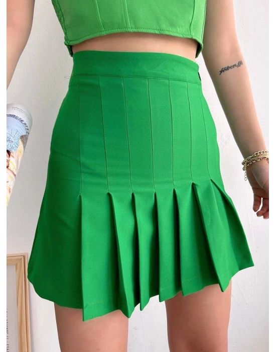Pileli düğmeli etek açık yeşil s24811