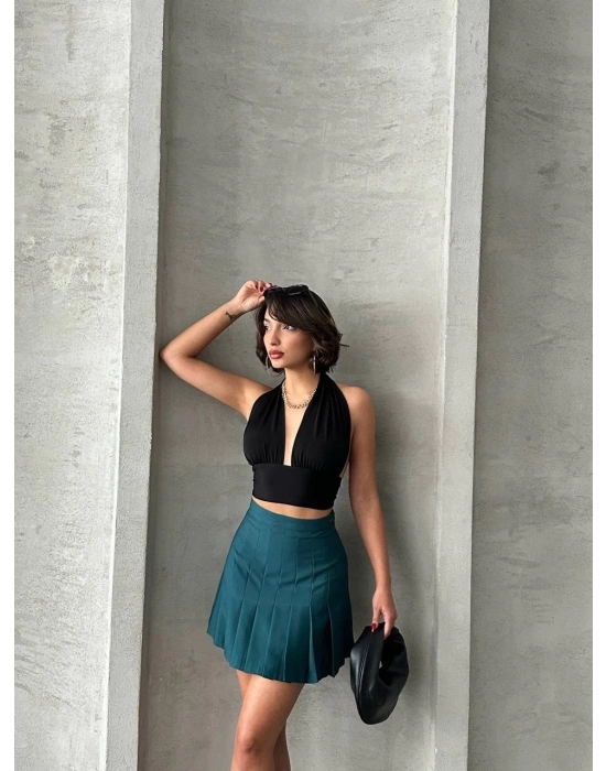 Pileli düğmeli etek yeşil s24811