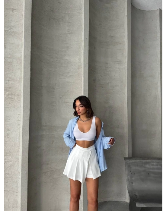 Piliseli düğmeli şort etek beyaz s25813